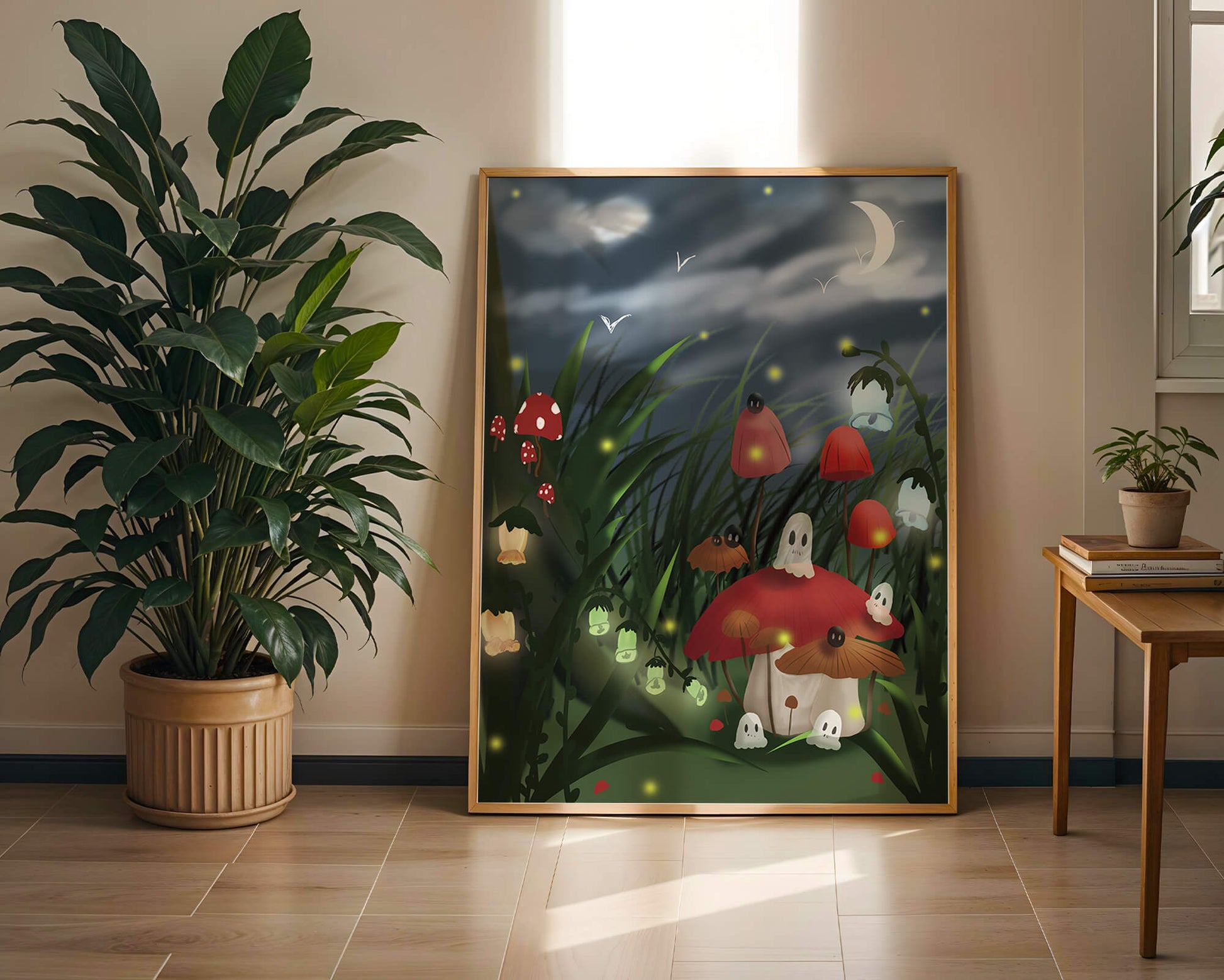 Enchanted night scene with glowing mushrooms and moonlit sky