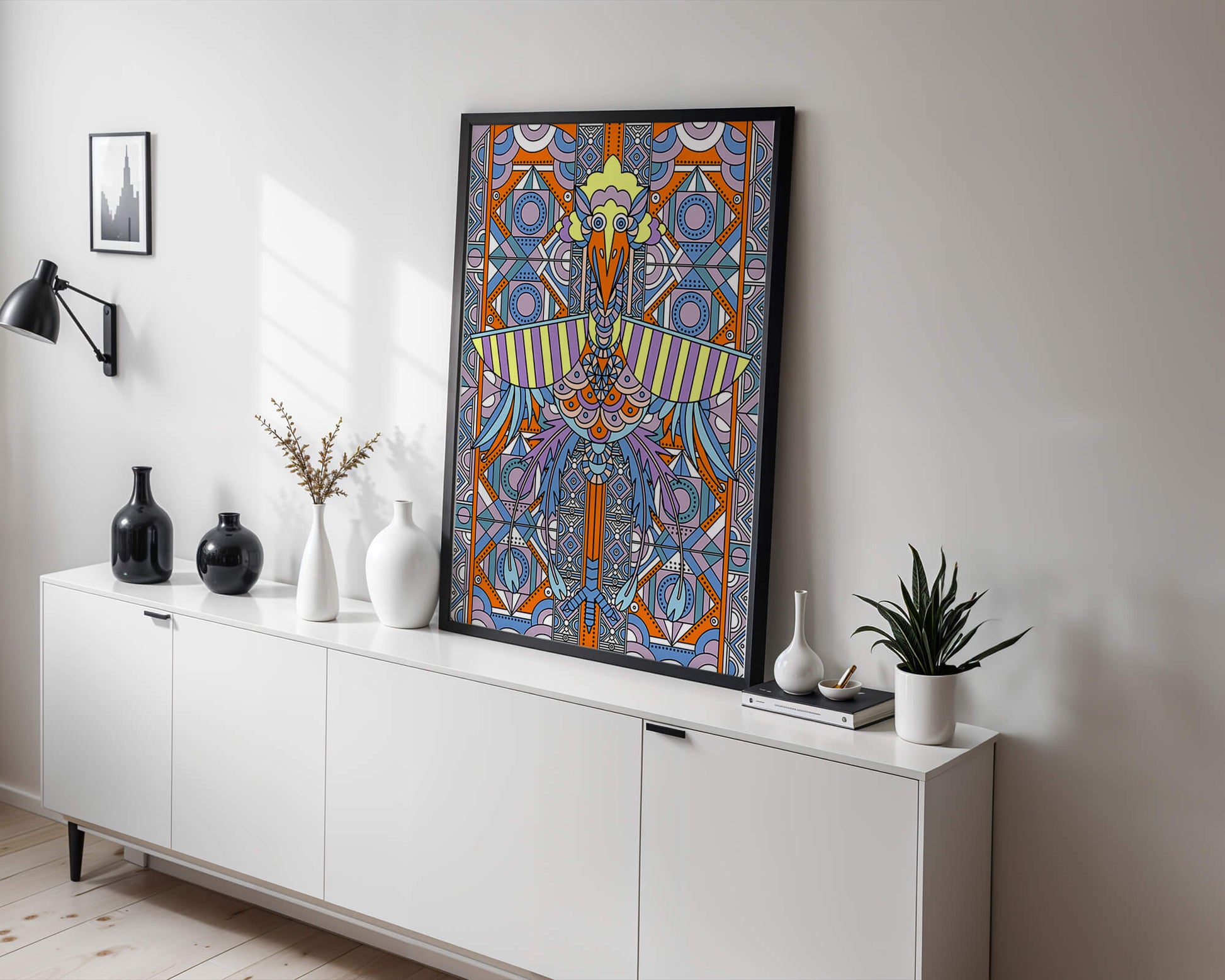 Arte geométrico de aves con patrones coloridos y detalles intrincados