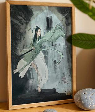 Dynamic illustration of a warrior in flowing robes with a spear