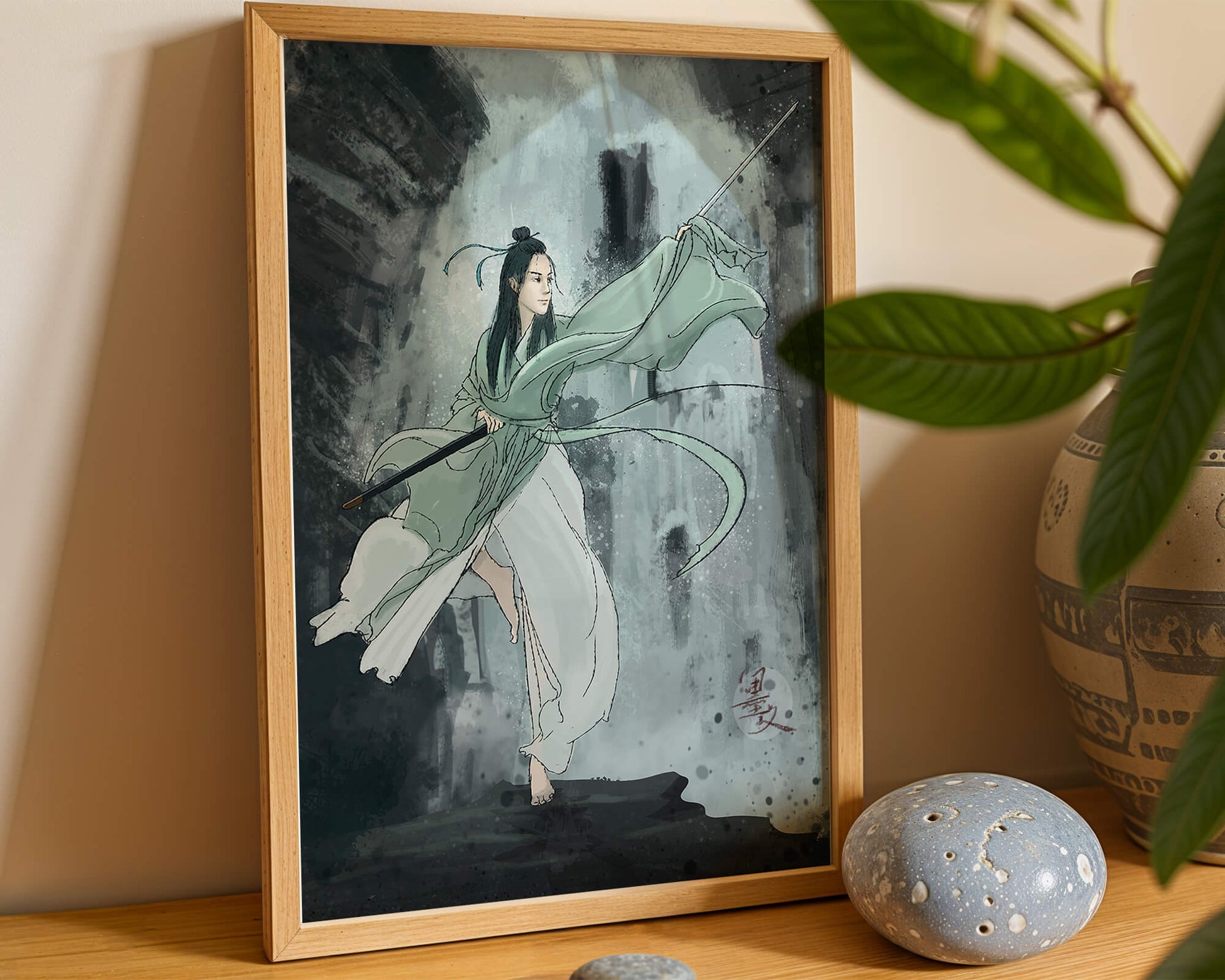 Dynamic illustration of a warrior in flowing robes with a spear