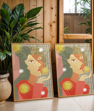 Abstract portrait artwork with geometric forms and gold accents