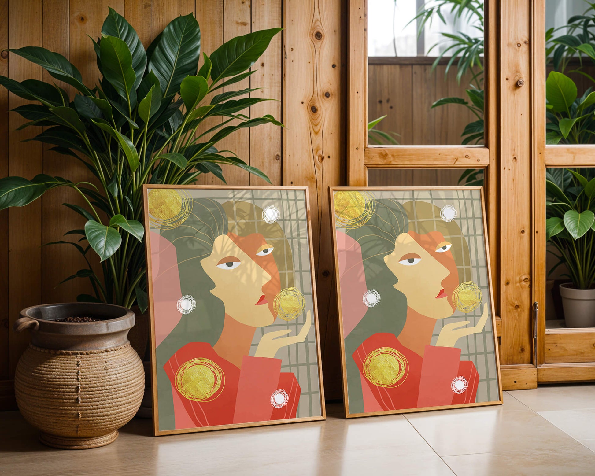 Abstract portrait artwork with geometric forms and gold accents