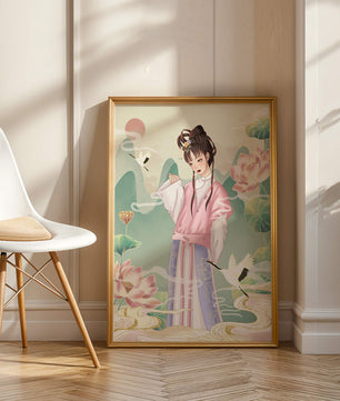 Femme élégante en tenue traditionnelle avec lotus en fleurs et grues