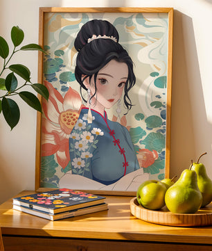 Una mujer elegante con vestido tradicional oriental con patrones florales y flores de loto