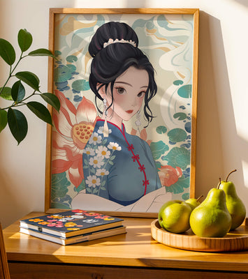 An Elegant Woman in Traditional Oriental Dress with Floral Patterns and Lotus Flowers