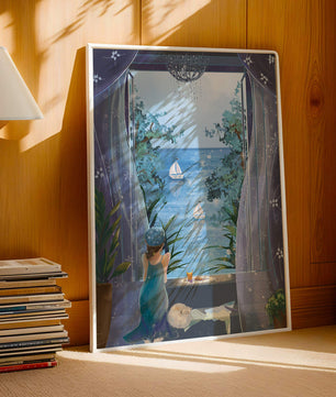 Peaceful Seaside View Through Open Window with Girl and Cat