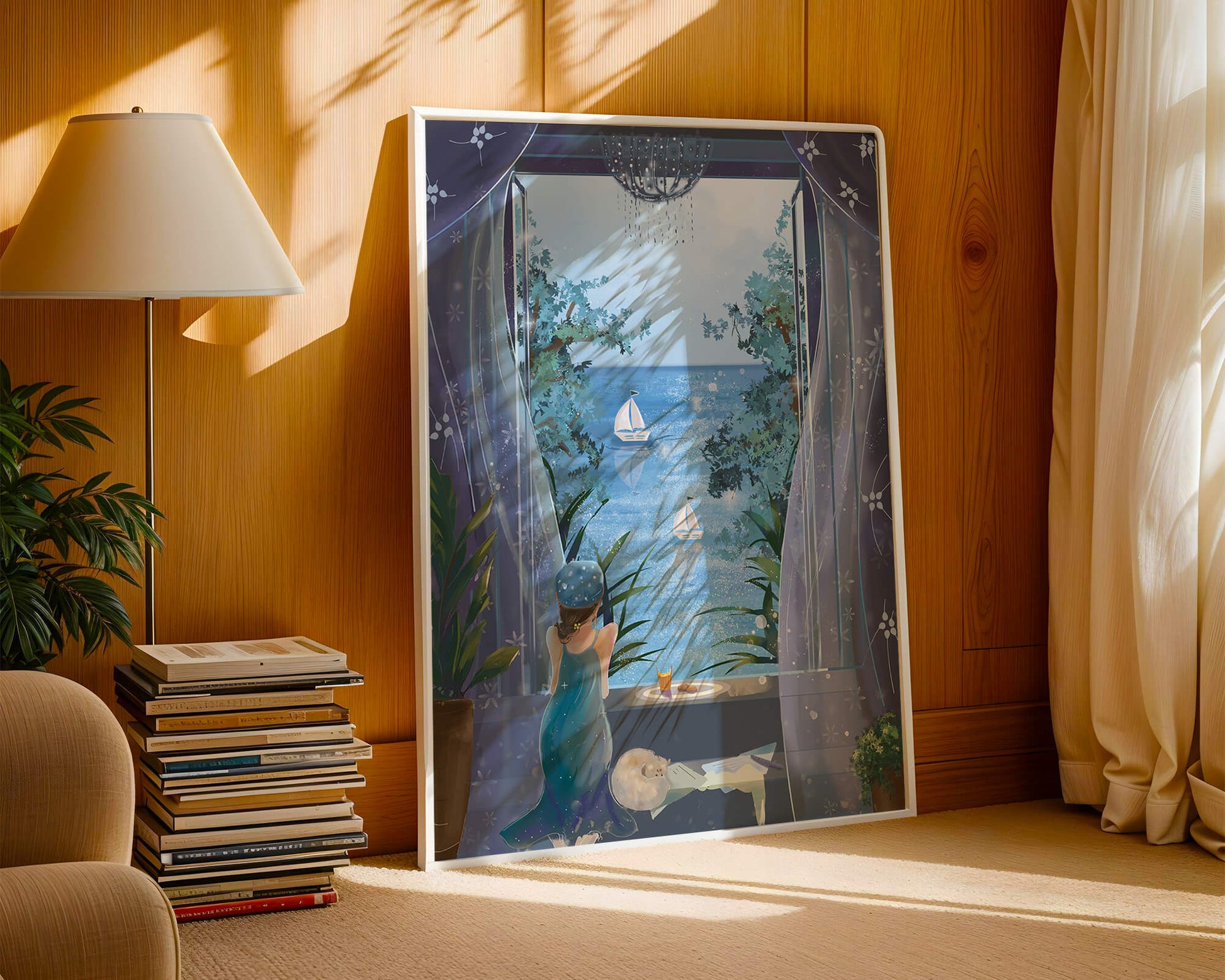 Peaceful Seaside View Through Open Window with Girl and Cat