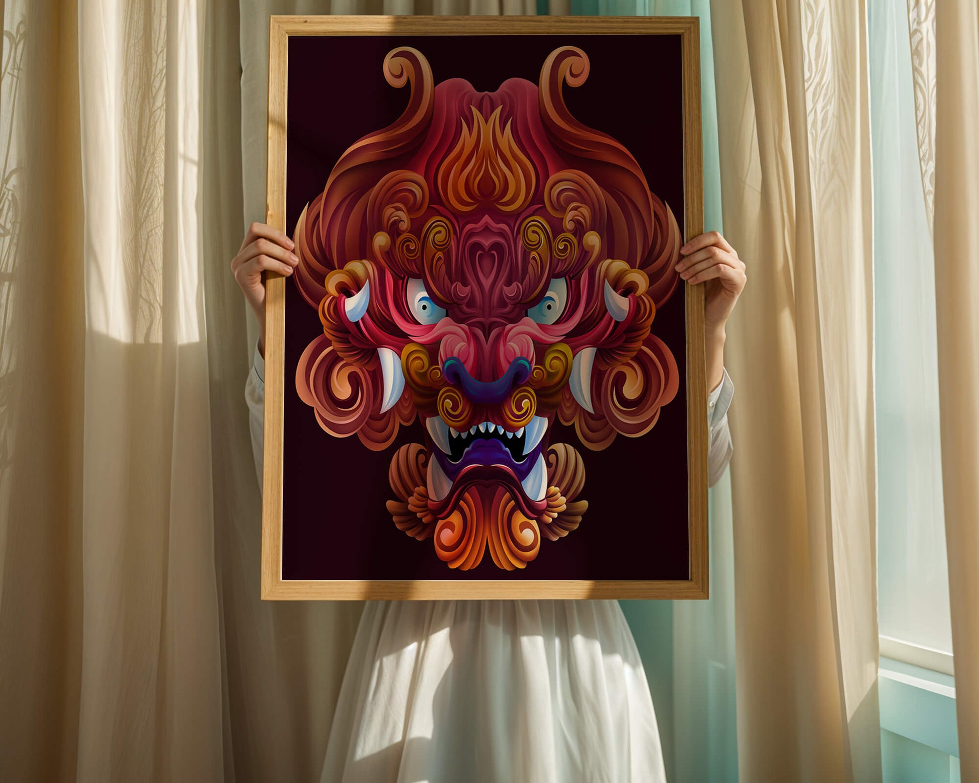 Intricate Colorful Dragon Face Illustration with Swirling Patterns