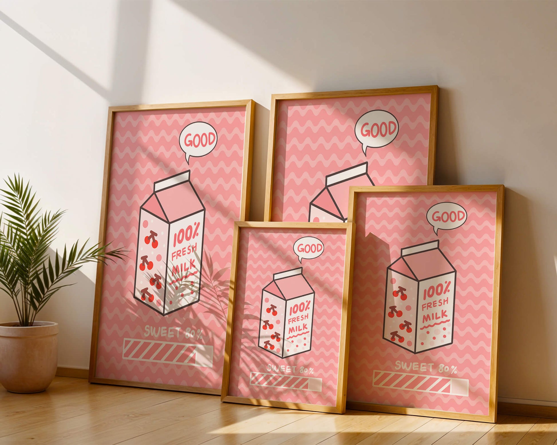 Playful illustration of milk carton with cherry design on pink background