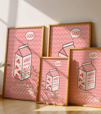 Playful illustration of milk carton with cherry design on pink background