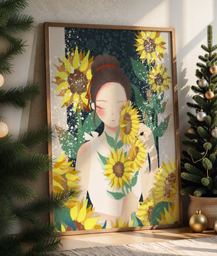 Young woman surrounded by vibrant sunflowers in a serene setting