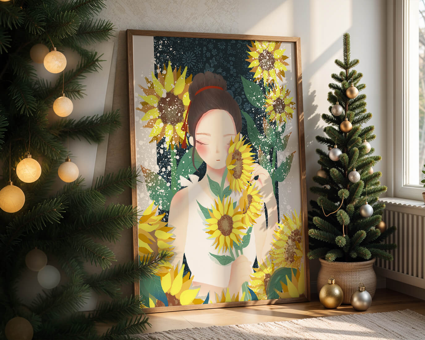 Young woman surrounded by vibrant sunflowers in a serene setting