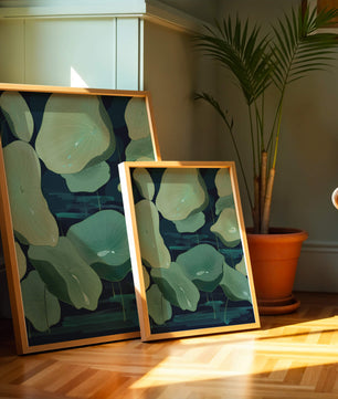 Green lily pads on a dark water background illustration
