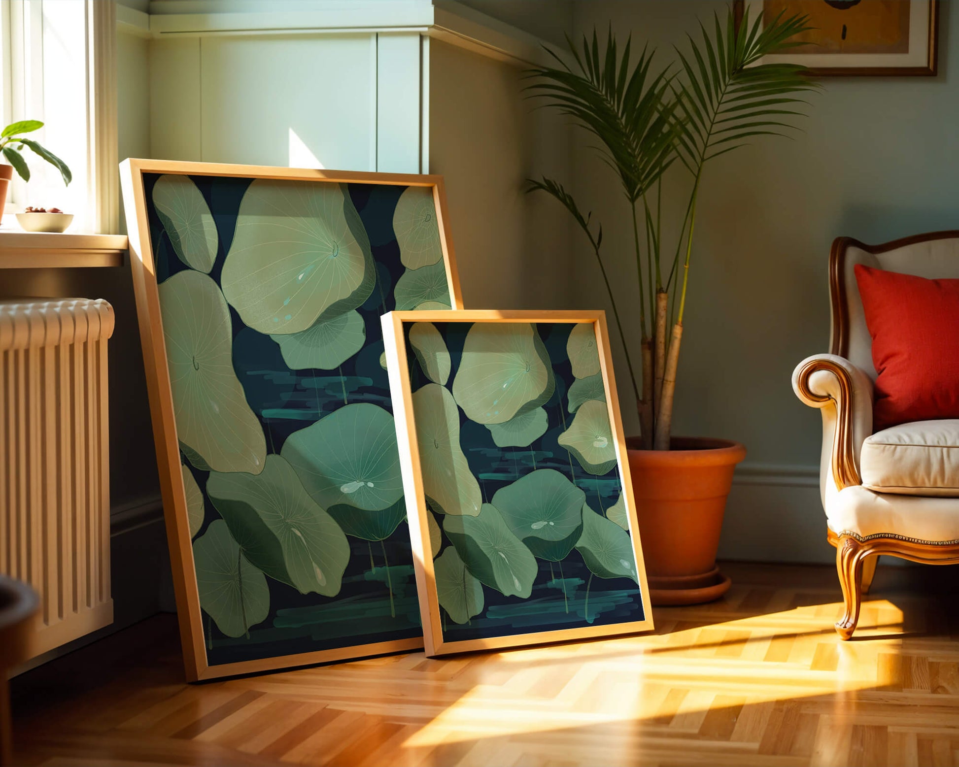 Green lily pads on a dark water background illustration