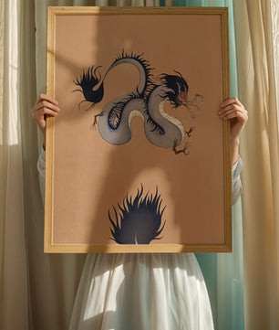 Illustration of a mystical dragon with fluid form on a beige background