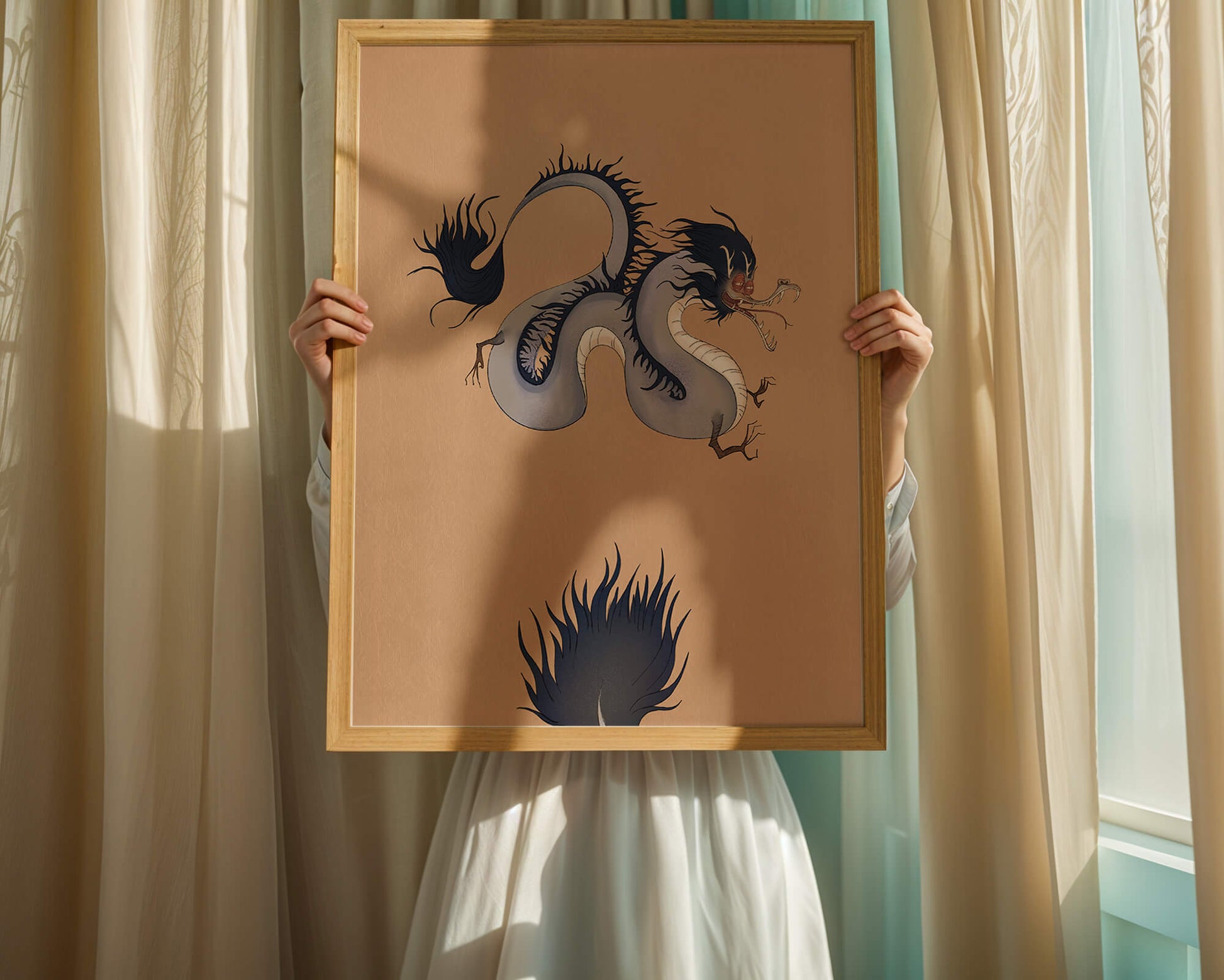 Illustration of a mystical dragon with fluid form on a beige background