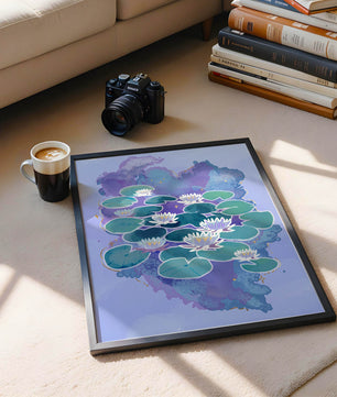 Serene aquatic scene with water lilies on abstract colorful background
