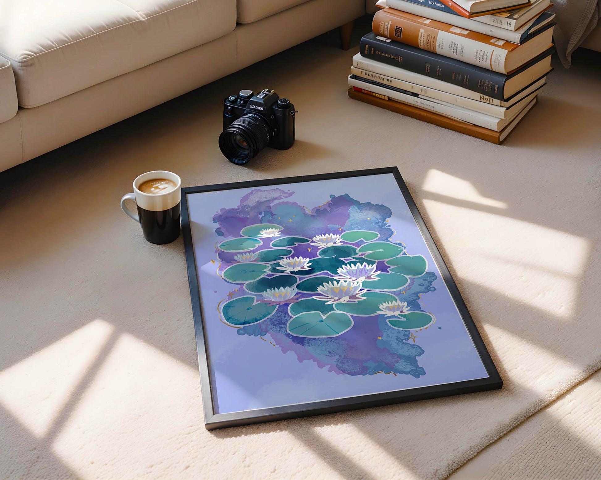 Serene aquatic scene with water lilies on abstract colorful background
