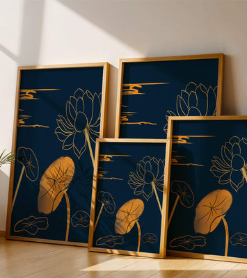 Golden Lotus Flowers in Abstract Night Sky