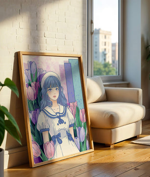 Illustration d'une fille en robe de marin parmi des tulipes avec une palette de couleurs pastel