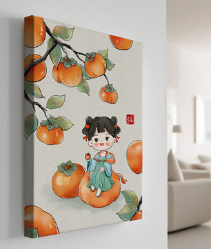 Illustration of a girl sitting on a persimmon surrounded by fruit and leaves