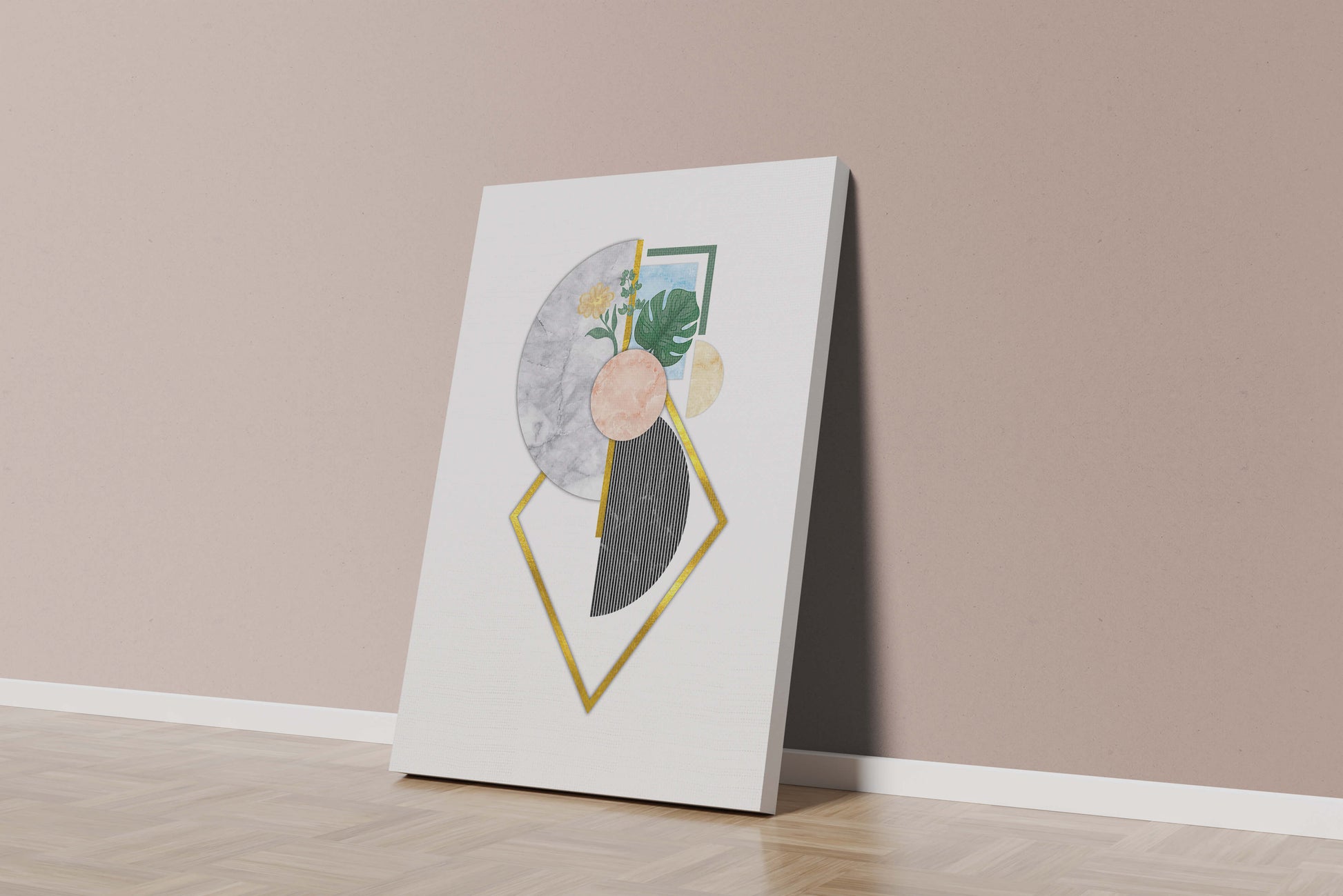 Abstract geometric art with floral and gold accents