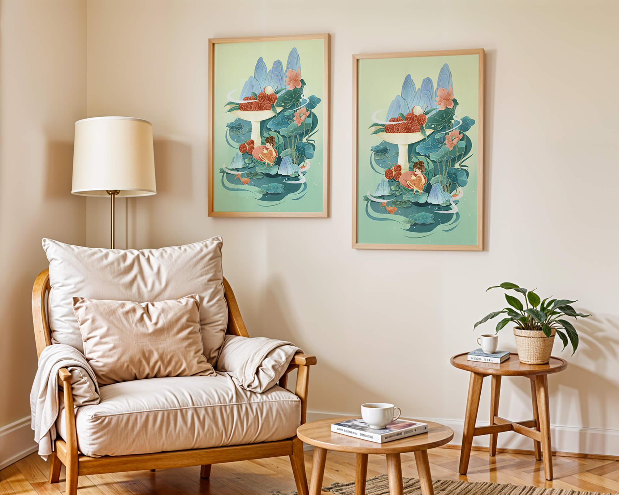 Whimsical illustration with girl, lychee, and lotus flowers