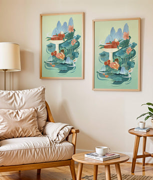 Whimsical illustration with girl, lychee, and lotus flowers