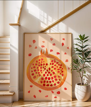 Ilustración abstracta colorida de granada con semillas esparcidas