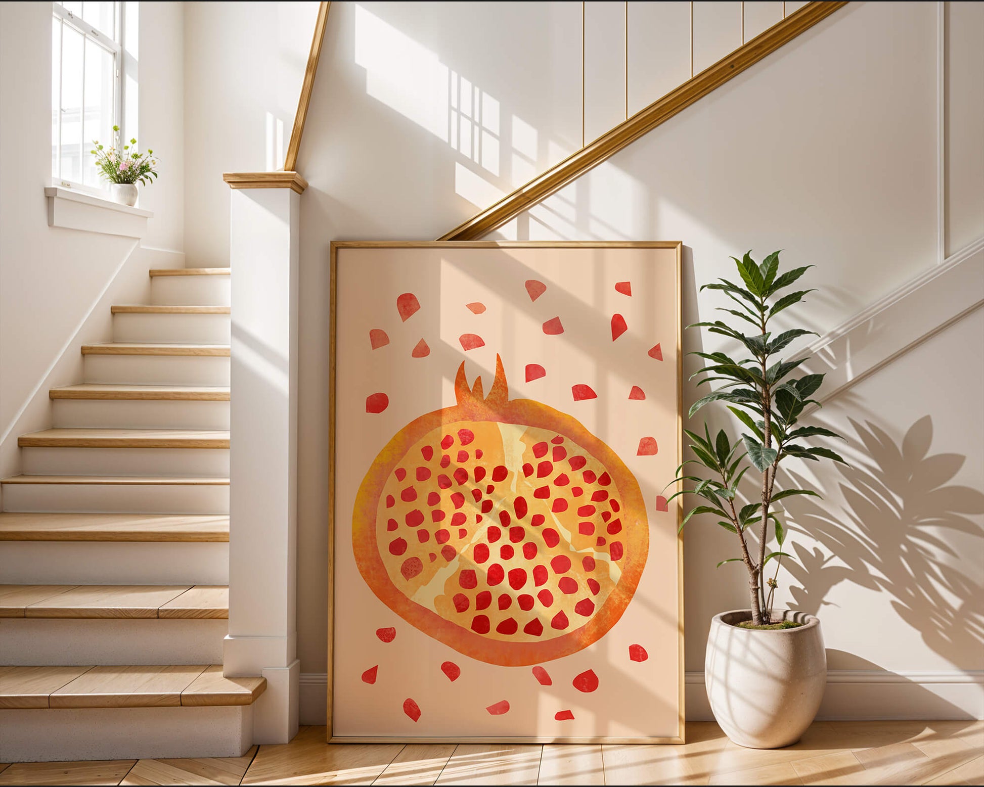 Colorful abstract pomegranate illustration with scattered seeds