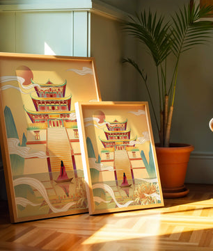 Ancient temple with serene landscape and vibrant colors artwork