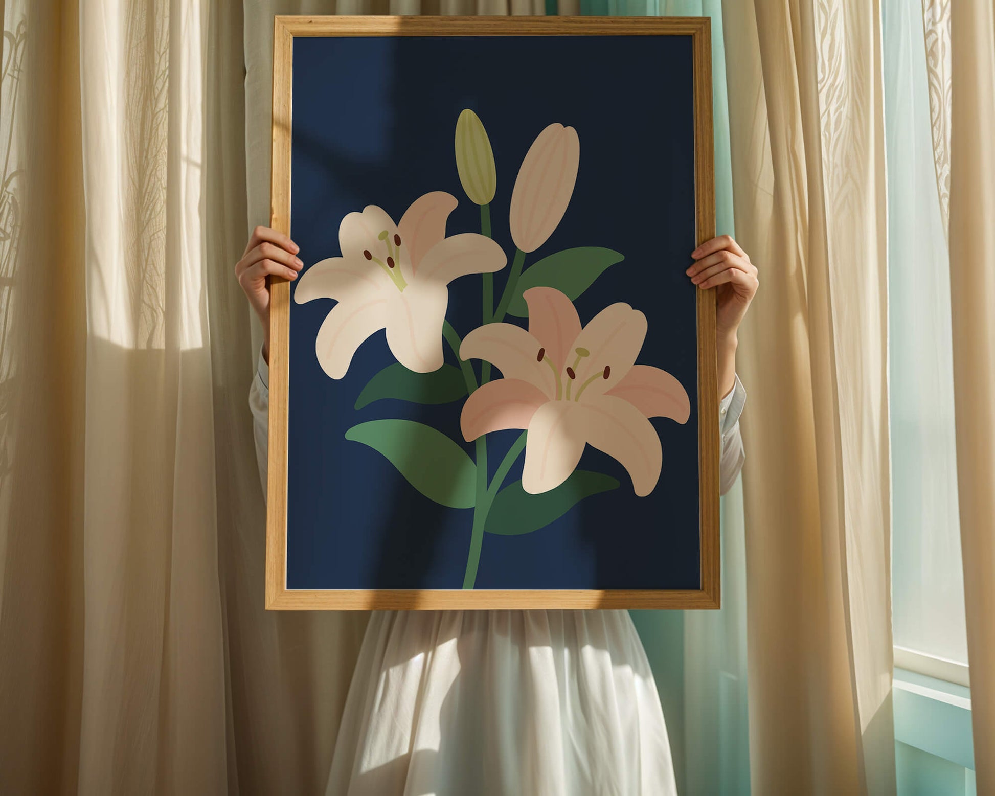 Lirios elegantes sobre un fondo azul oscuro