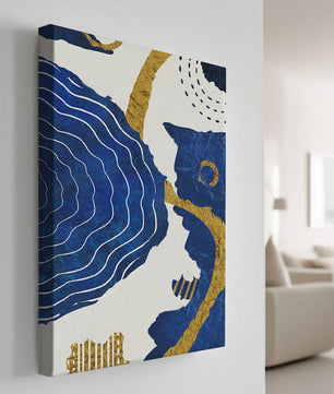 Abstract blue and gold textured artwork with wave patterns