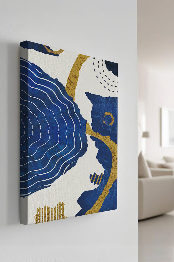 Abstract blue and gold textured artwork with wave patterns