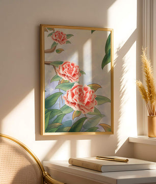 Illustrated pink carnations with green leaves in serene botanical art