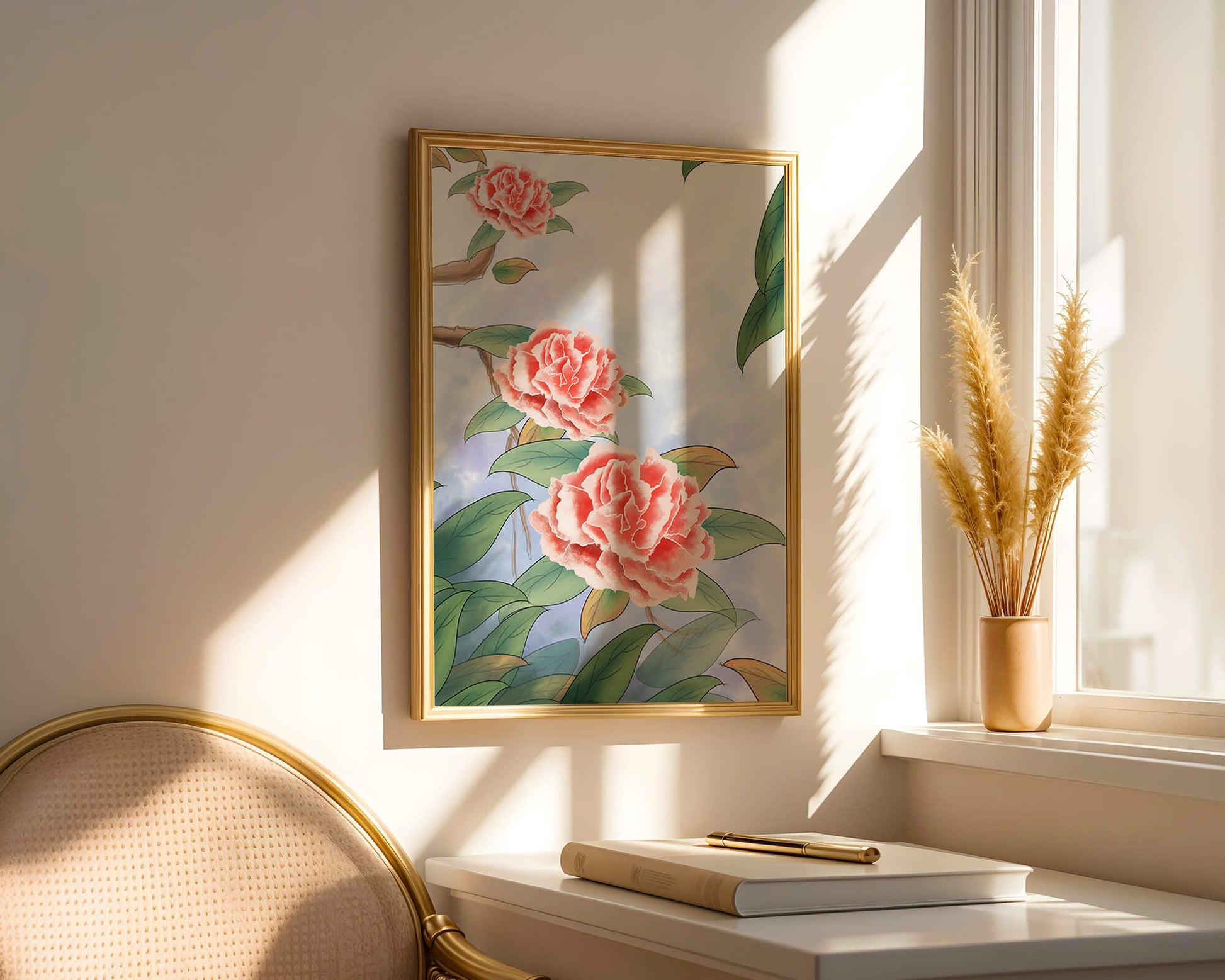 Illustrated pink carnations with green leaves in serene botanical art