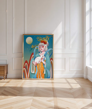 Femme élégante en tenue traditionnelle tenant un lapin blanc sous une pleine lune