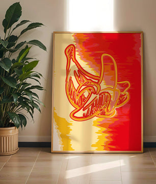 Abstract banana art with vibrant red and orange hues