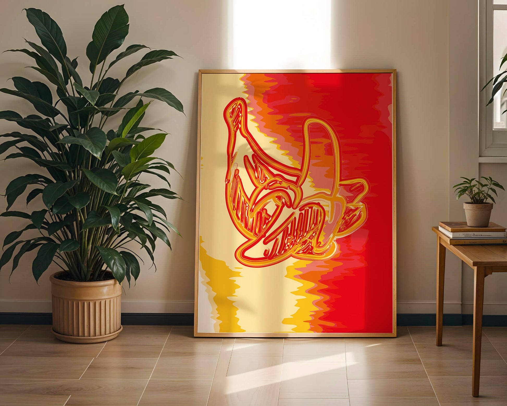 Abstract banana art with vibrant red and orange hues