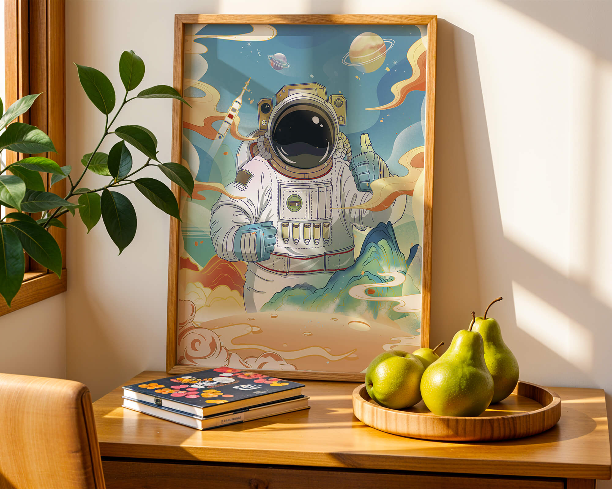Colorful illustration of an astronaut in space with planets and rocket