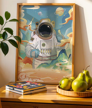 Colorful illustration of an astronaut in space with planets and rocket