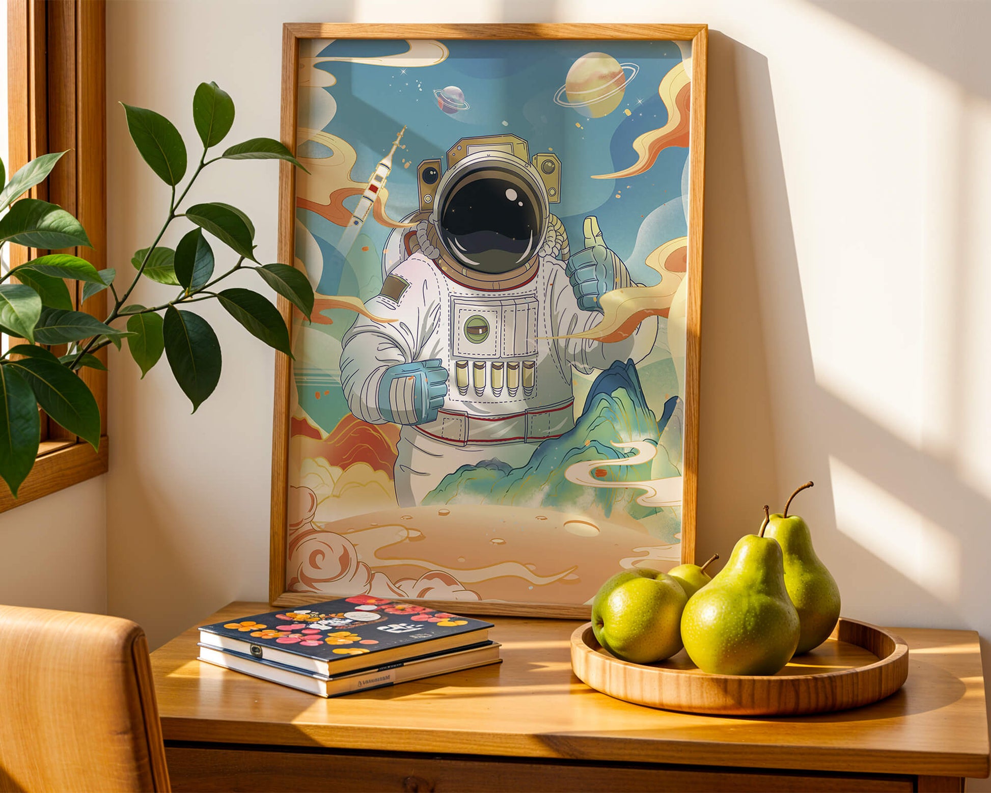 Colorful illustration of an astronaut in space with planets and rocket