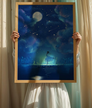 Cielo nocturno soñador con figura danzante y luz de luna brillante