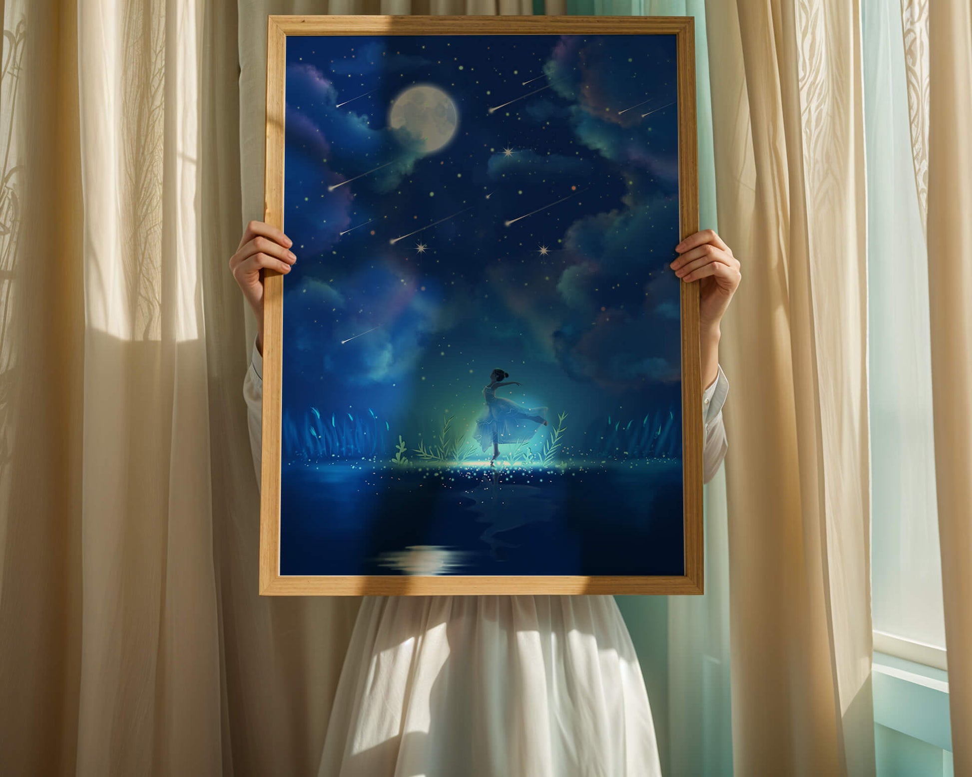 Cielo nocturno soñador con figura danzante y luz de luna brillante