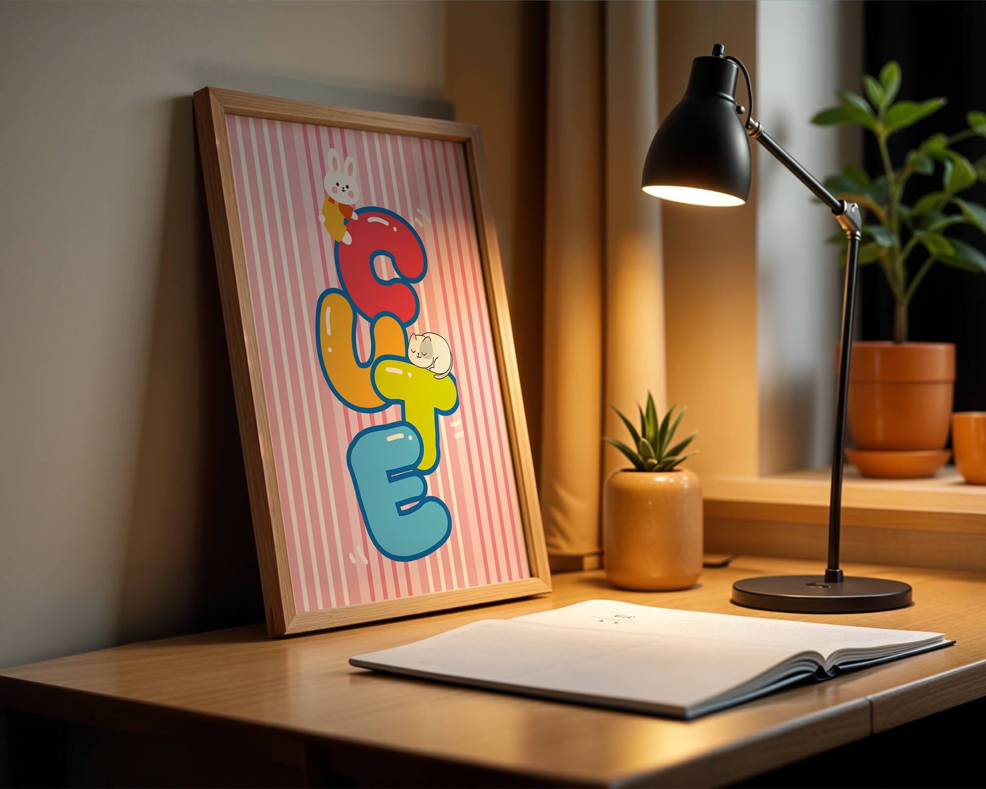 Playful cute illustration with bunny and kitten on colorful letters