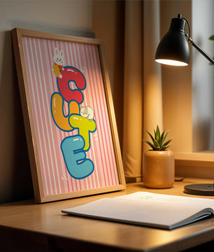 Ilustración lúdica y adorable con conejo y gatito sobre letras coloridas