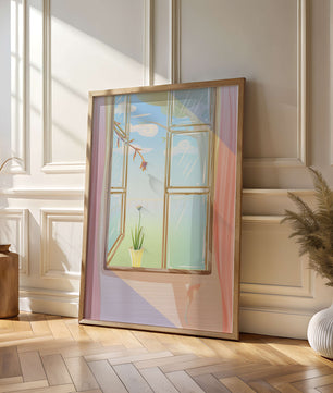 Tranquil open window with floral view and gentle sunlight