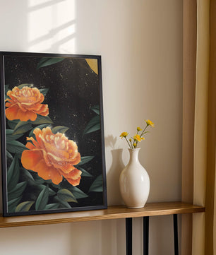 Fantasía floral elegante con flores naranjas vibrantes y un brillo dorado
