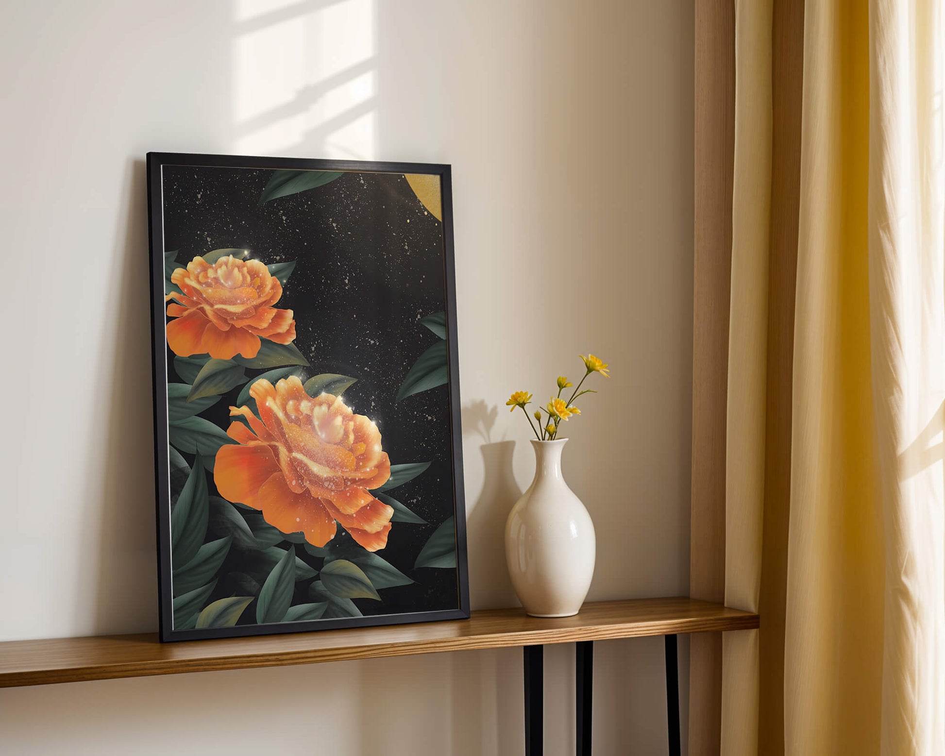 Fantasía floral elegante con flores naranjas vibrantes y un brillo dorado