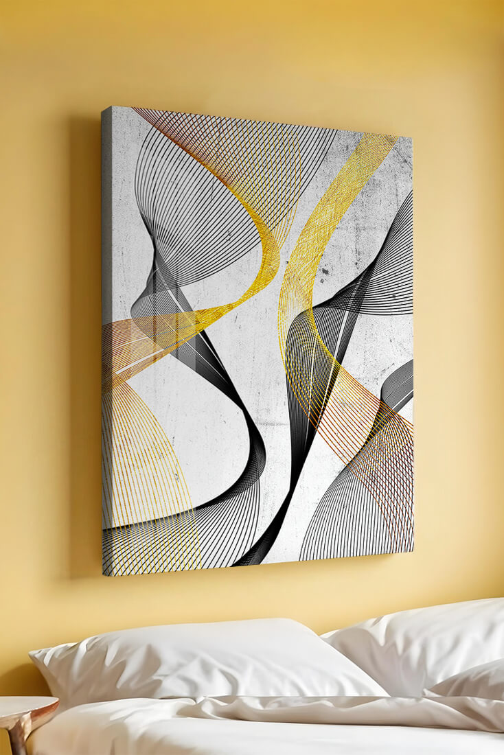 Abstract dynamic lines with golden and black swirls on textured background